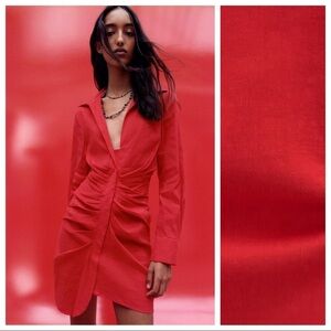 🌹NWT. Zara Red Draped Linen Blend Mini V-neckline Dress. Size S.